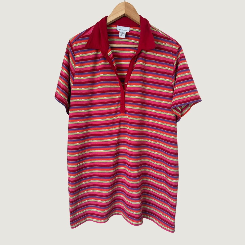 Avenue Womens Plus Size 26/28 Red Multi Stripe Short Sleeve Polo Shirt Knit Top